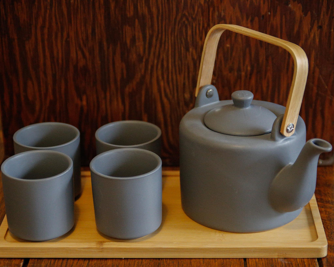 Grey Tea Pot w/ Four Cups and Tray