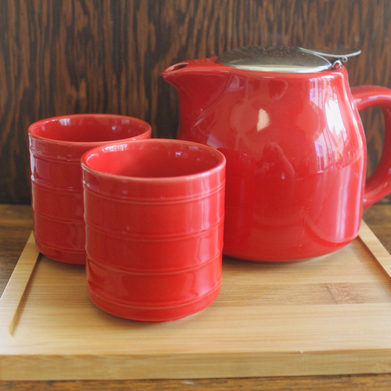 Tea Pot With Cups & Tray - Red